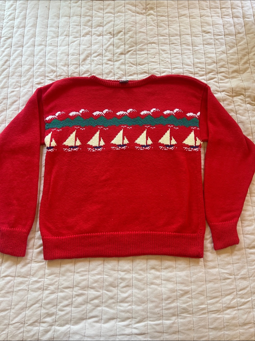 Unique 1 Red Crewneck Sweater with hand loomed Cream Sailboats